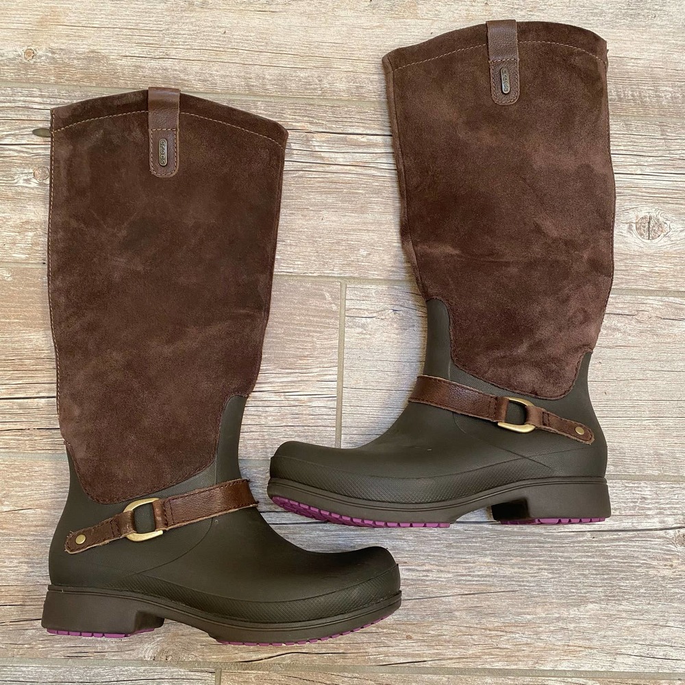 Crocs Boots Women's 7 Brown Knee High Tall Rain Riding Equestrian Rubber Suede
